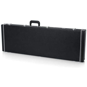 The Gator Deluxe Wood Bass Guitar Case by Gator is a rectangular black hard case with a top handle and front metal clasps, designed to reliably protect and carry your bass guitar.