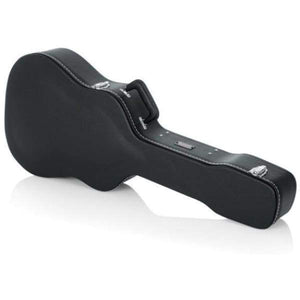 Gator DELUXE WOOD SERIES Dreadnought Guitar Case with silver handles and lockable design, featuring plush padded interior and storage compartment.