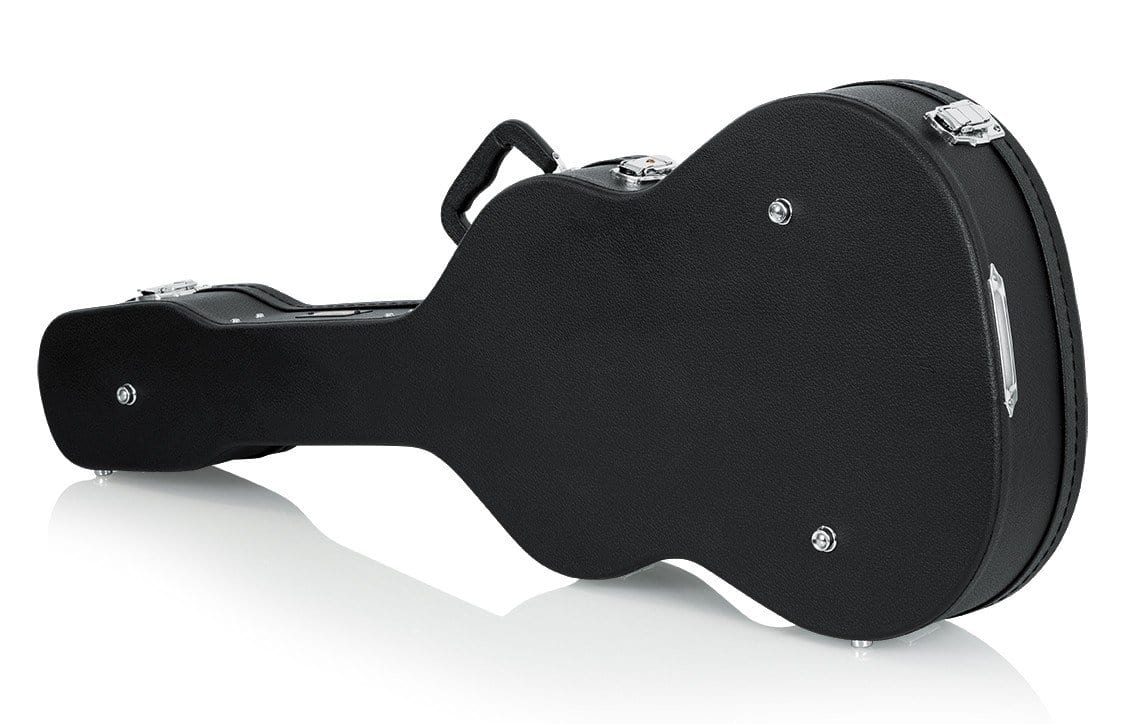 Gator Classical Guitar Case: Black hard-shell wood case with ergonomic handle, thick plush lining, and interior accessory compartment for classical guitars.