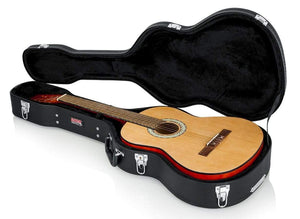 Gator Classical Guitar Case in hard-shell wood, shown open with a classical guitar inside, featuring plush lining and an ergonomic handle.
