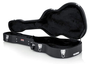 Gator Classical Guitar Case with silver clasps, ergonomic handle, and plush lining for impact protection, featuring a spacious interior accessory compartment.