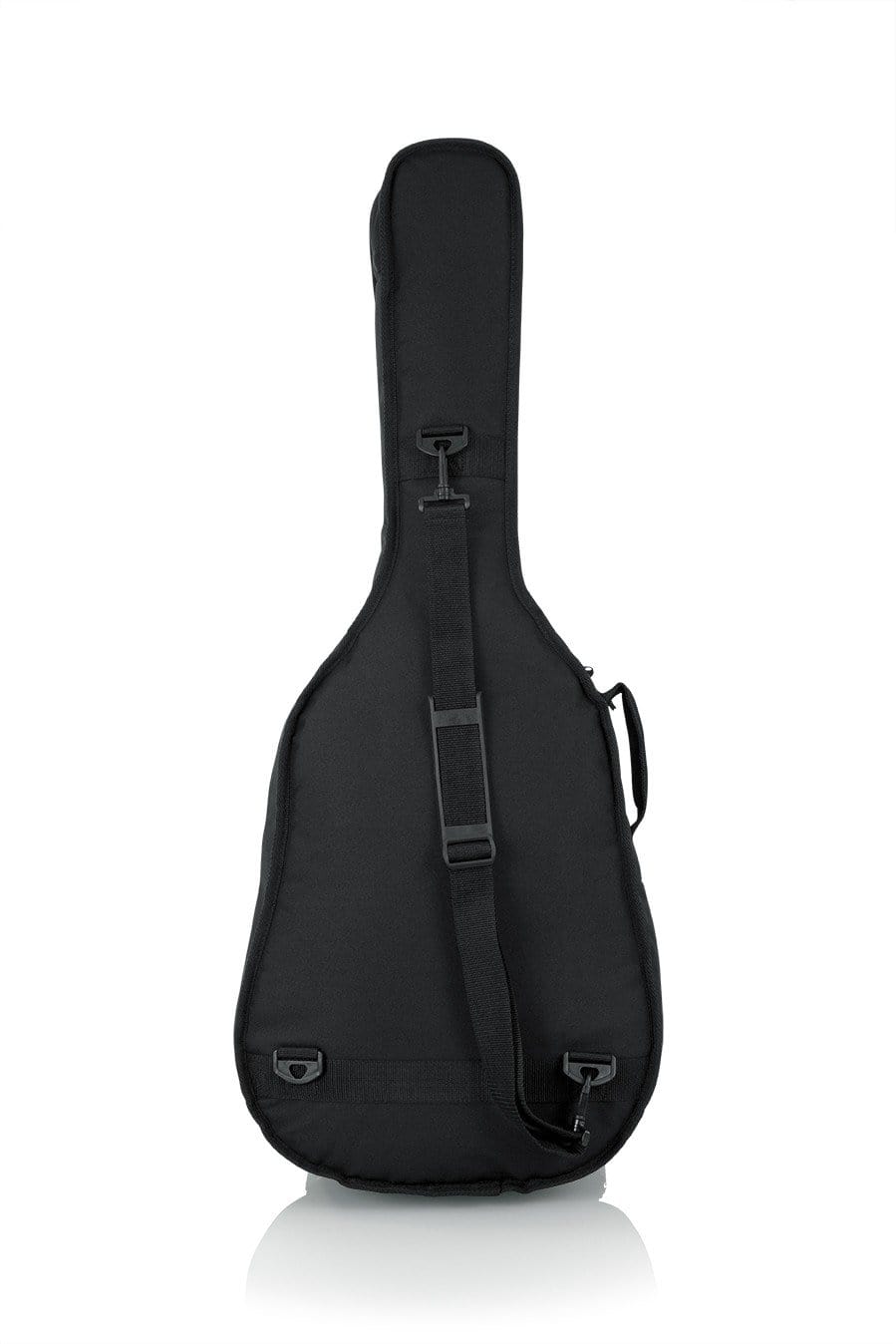 Gator Mini Acoustic Guitar Gig Bag with black exterior, straps, exterior storage pocket, and heavy-duty carry handle for dreadnought guitars.