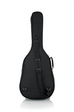 Gator Mini Acoustic Guitar Gig Bag with black exterior, straps, exterior storage pocket, and heavy-duty carry handle for dreadnought guitars.