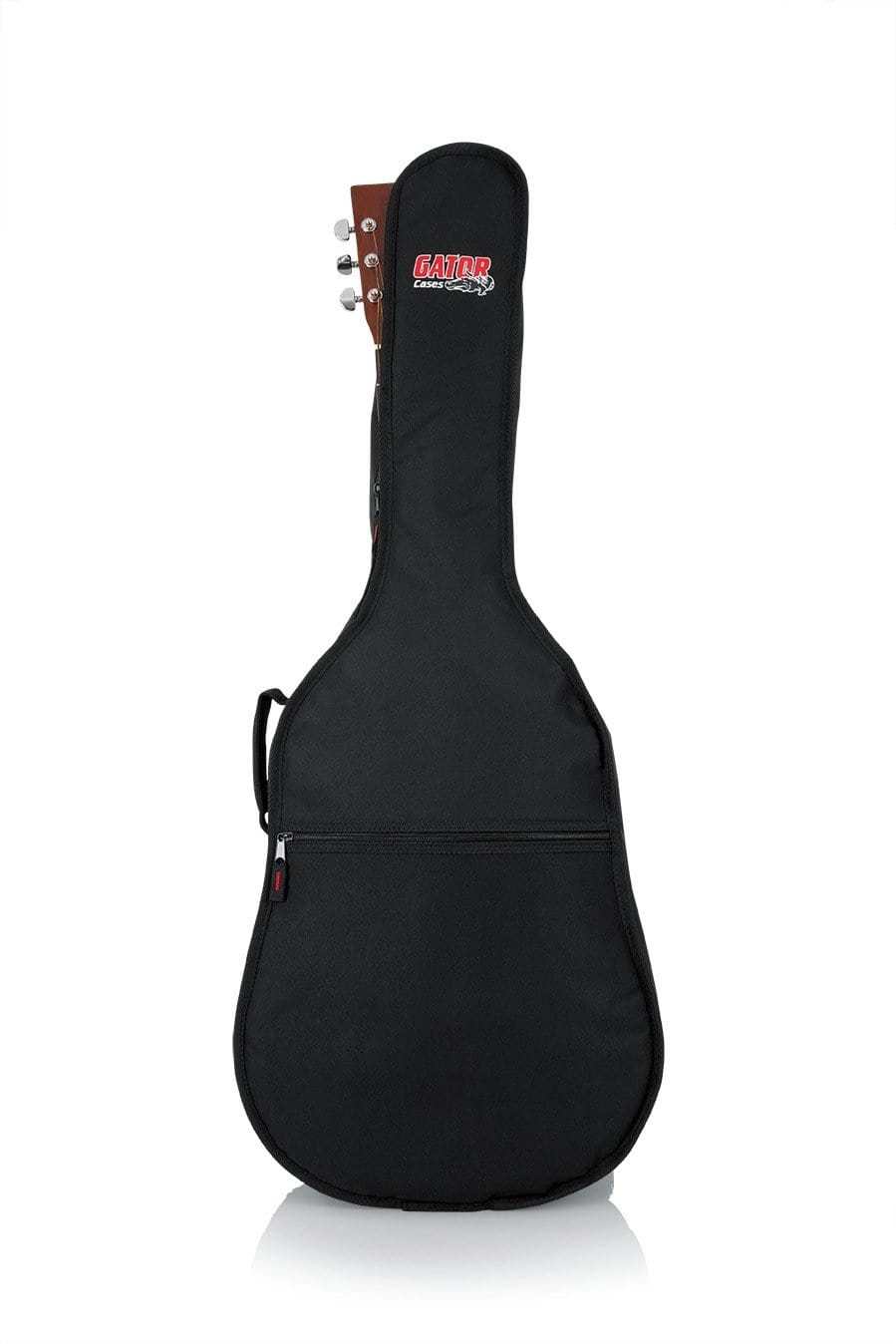 Gator Mini Acoustic Guitar Gig Bag with rugged nylon exterior, 10mm foam padding, reinforced headstock support, zippered pocket, and carry handle.