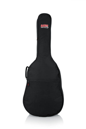 Gator Mini Acoustic Guitar Gig Bag with rugged nylon exterior, 10mm foam padding, reinforced neck support, zipper closure, and exterior storage pocket.