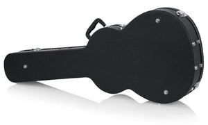 Gator Martin 000 Style Acoustic Guitar Case featuring a black hard-shell design with a handle, chrome lockable latches, and plush interior lining for protection and storage.