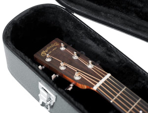 Gator Martin 000 Style Acoustic Guitar Case with a guitar inside, showcasing its plush lining and chrome lockable latches for secure protection.