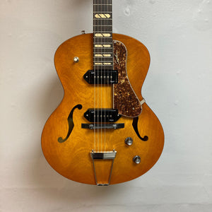 Godin 5th Avenue Jumbo P90 Harvest Gold guitar with Memphis Sun finish, P-90 pickups, redesigned headstock, large fret markers, and Godin logo.