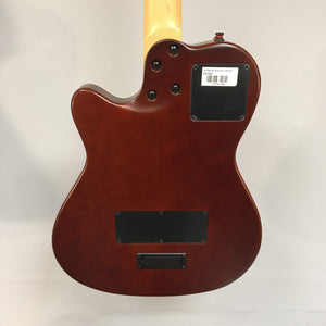 Godin A6 Ultra Baritone Burnt Umber guitar, close-up of neck, body, and dual outputs, showcasing the versatile acoustic-electric design.