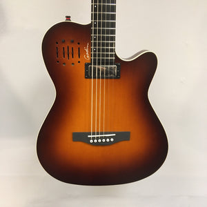 Godin A6 Ultra Baritone guitar with dual outputs, mini-humbucker neck pickup, and custom preamp, displayed close-up.