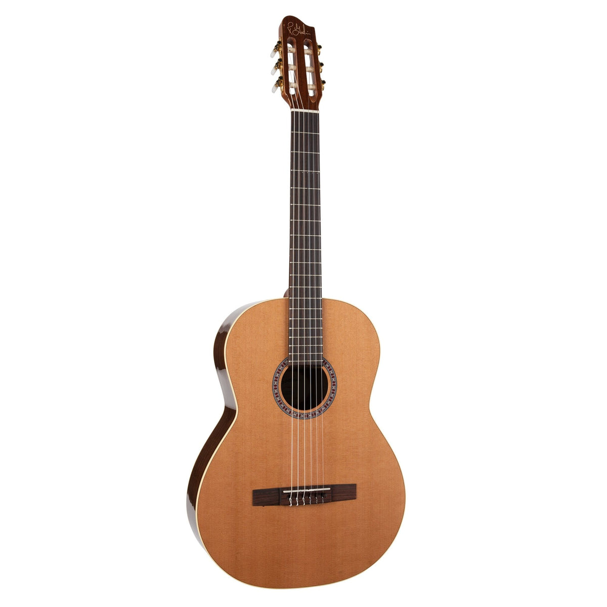 Godin Collection Classical Guitar with solid cedar top, rosewood back and sides, and high gloss finish, showcasing close-up of strings and body.