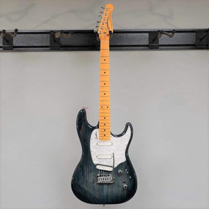 The Godin RG3 Passion Lace Sensor Hot Gold in Indigo Blue features a natural wood neck, glossy finish, white pickguard, two control knobs, and includes a gig bag.