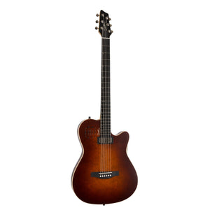 Godin A6 Ultra Baritone guitar with strings, mini-humbucker pickup, and dual outputs, displayed with its neck and body visible. The finish is Burnt Umber.