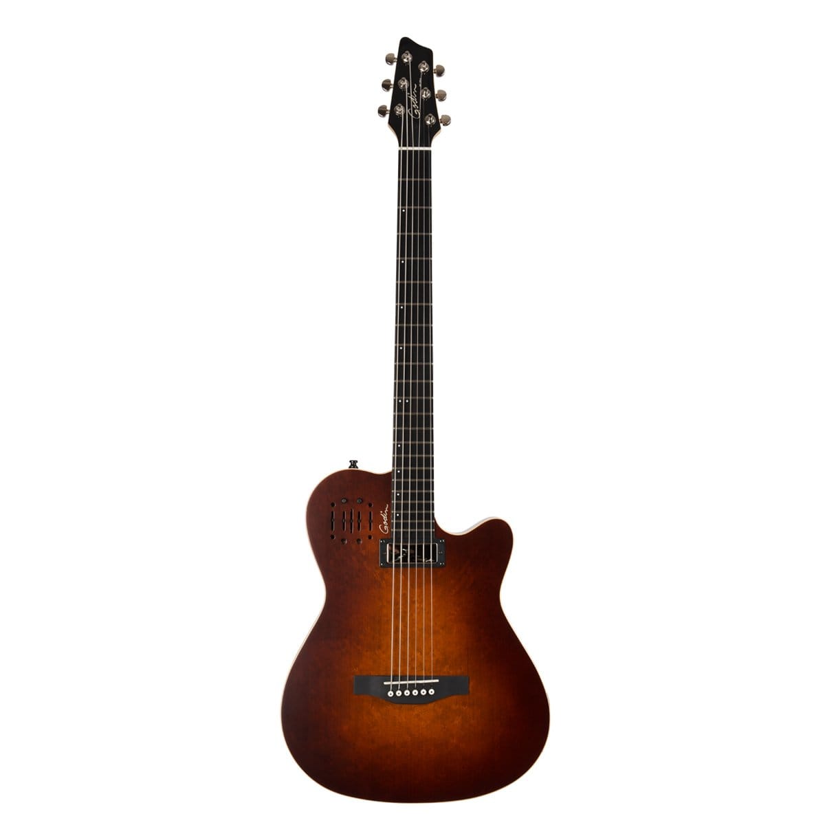 Godin A6 ULTRA Baritone Burnt Umber w/Gig Bag, a chambered acoustic-electric guitar with strings and a mini-humbucker in the neck position.