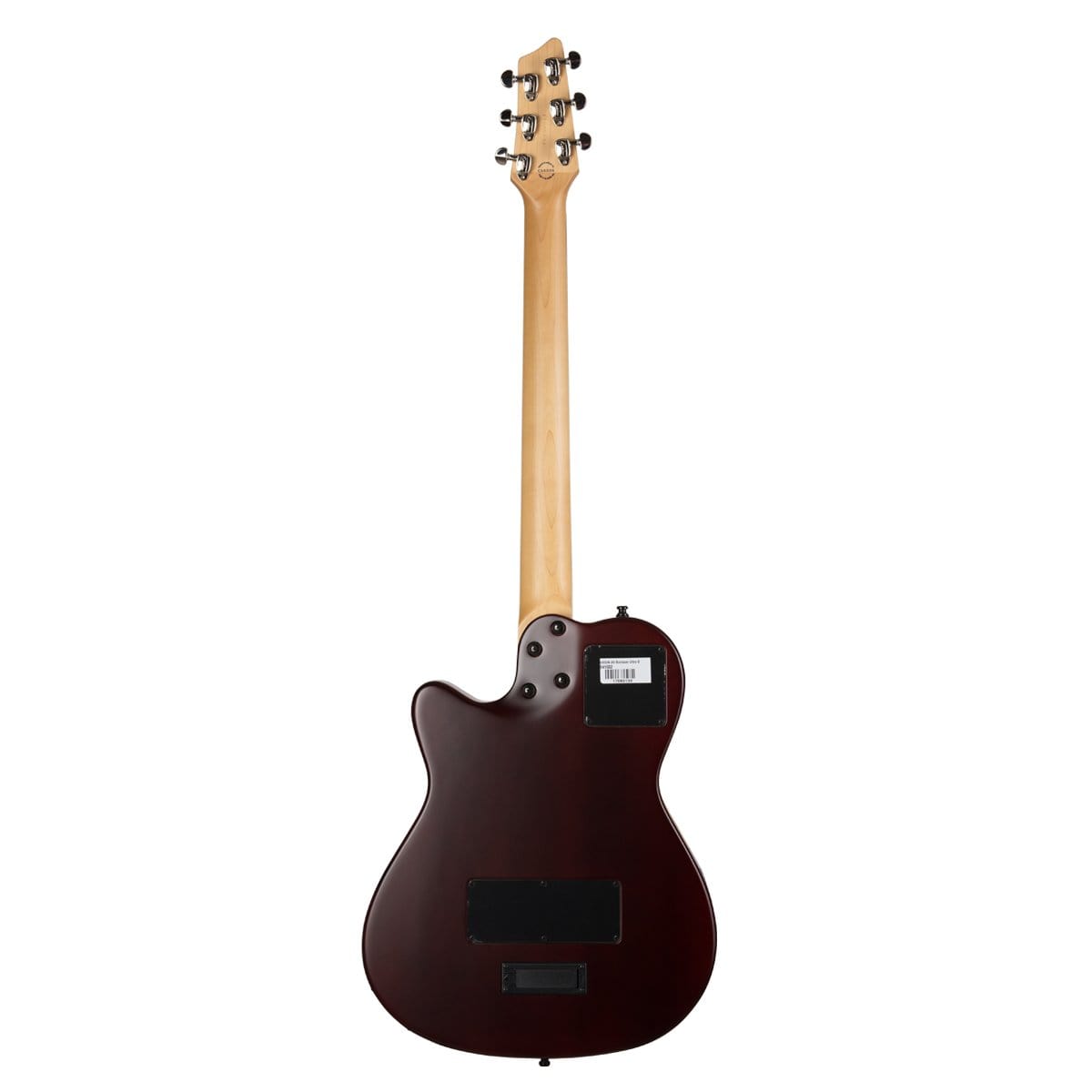 Close-up of the Godin A6 Ultra Baritone guitar, showcasing its strings and body.
