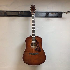Godin Metropolis LTD Havana Burst HG EQ SF guitar displayed on a wall, highlighting its detailed craftsmanship and premium build.
