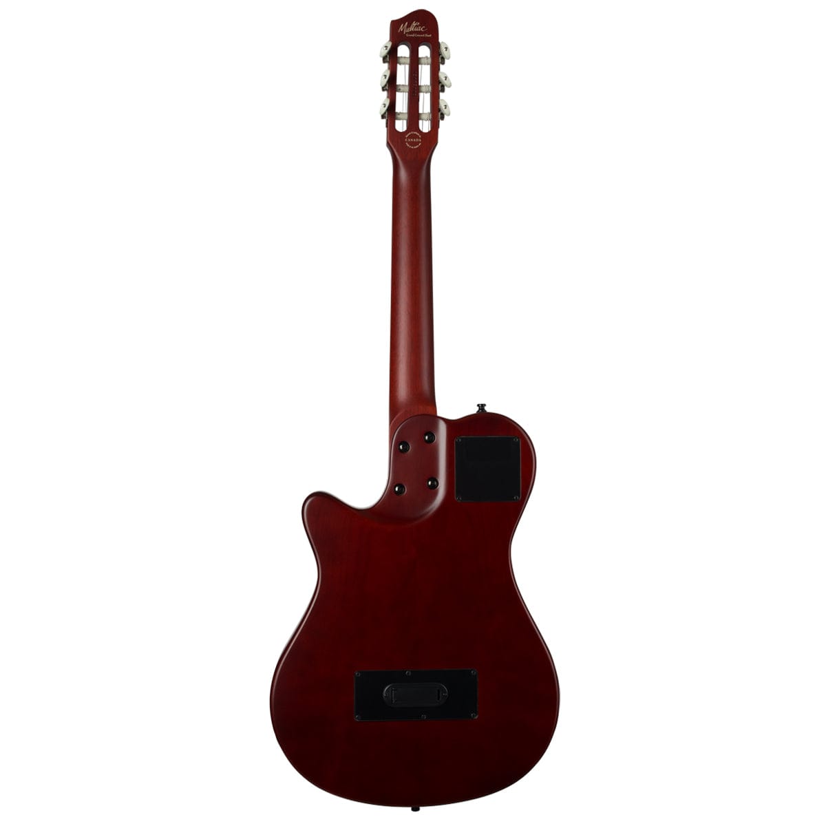 Close-up of the Godin Multiac Grand Concert Encore guitar, showcasing its Solid Cedar top, rosewood fingerboard, and Custom Godin Dual Source electronics.