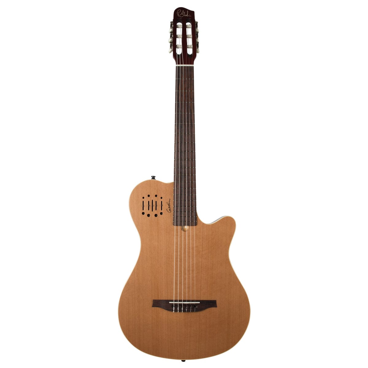 Close-up of a Godin Multiac Grand Concert Encore guitar showcasing its strings and solid cedar top.