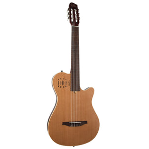 Close-up of the Godin Multiac Grand Concert Encore guitar, highlighting its strings and solid cedar top.
