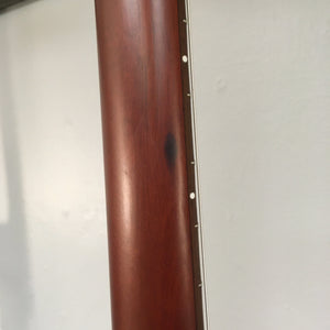Godin Multiac Nylon Encore SG SF guitar with visible cosmetic blemishes, featuring a wooden body with several holes and a close-up of its wood surface.