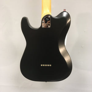 Godin Stadium HT Matte Black electric guitar with yellow handle, maple neck, and custom pickups.