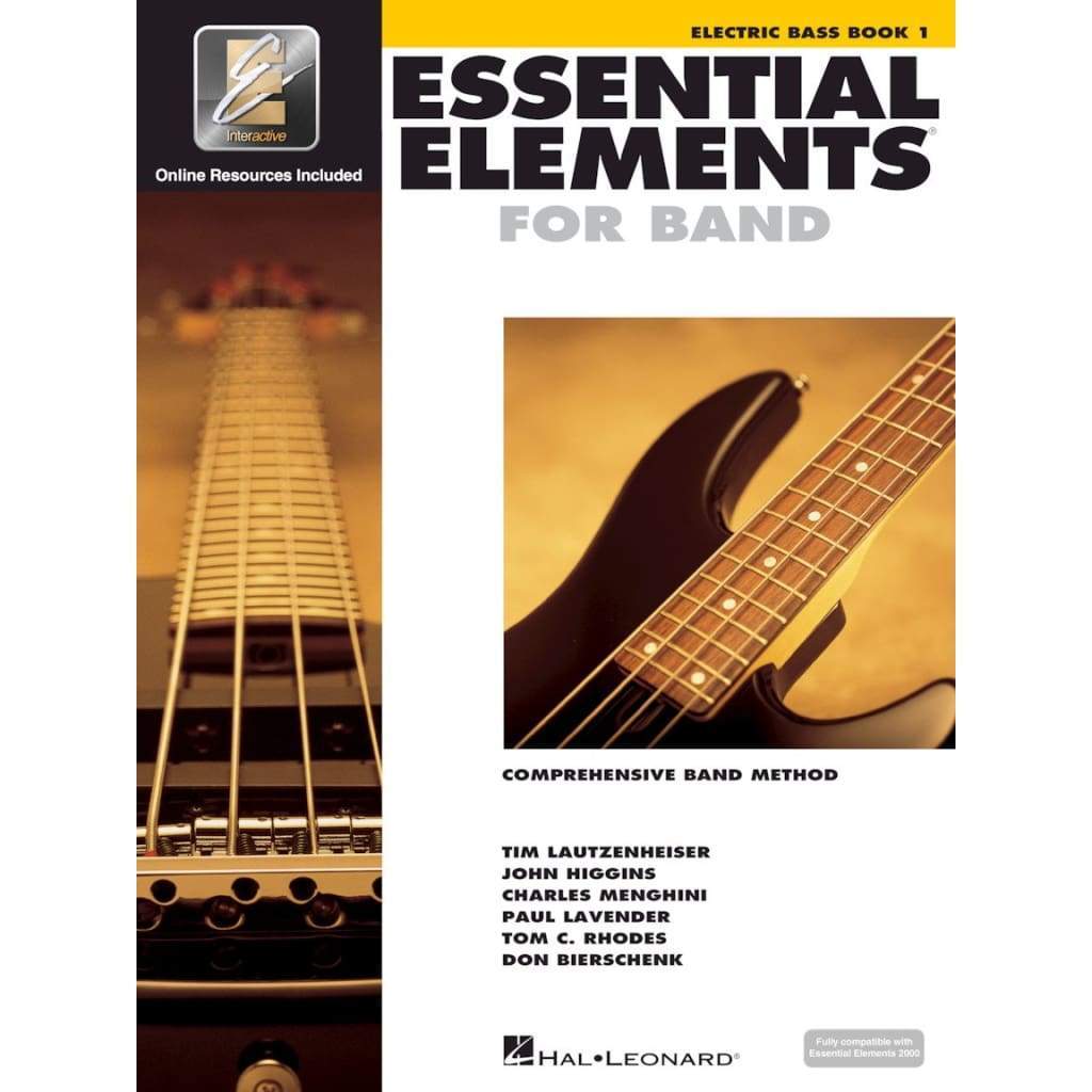 Cover of Hal Leonard’s Essential Elements for Band - Book 1 - Electric Bass, displaying two electric bass photos—one showing the fretboard, another highlighting the body and strings. Authors are listed at the bottom.