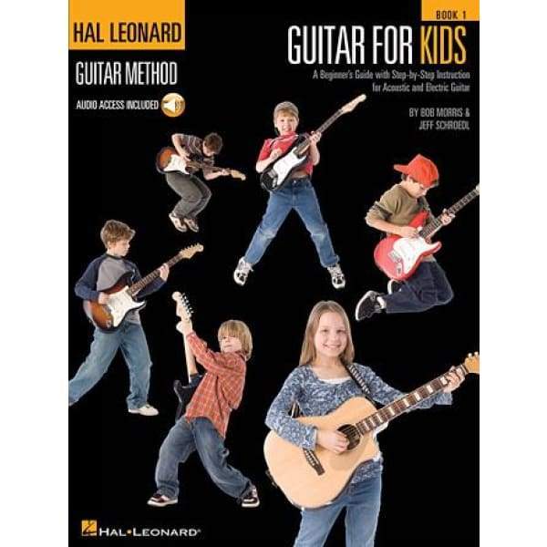 Six kids with acoustic and electric guitars are featured on the cover of "Guitar for Kids - Hal Leonard Guitar Method" by Hal Leonard, making it an inviting beginner guitar book for young learners.