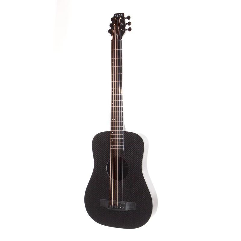 Klos Full Carbon Fiber Travel Guitar A/E with detachable carbon fiber neck and Fishman Sonitone Pickup, showcased in a close-up view.