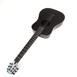 Klos Full Carbon Fiber Travel Guitar A/E with carbon fiber neck, visible strings, and close-up of guitar body, ideal for acoustic or electric play.