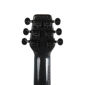 Klos Full Carbon Fiber Travel Guitar A/E, showing the top with a detachable carbon fiber neck and Fishman Sonitone Pickup. Ideal for travel and versatile use.