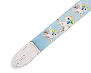 Levy's MPJR-005 Unicorn Strap: Blue guitar strap with unicorn pattern, white leather ends, and adjustable black plastic slide and loop for kids and adults.