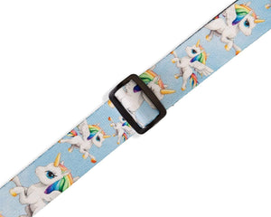 Levy's MPJR-005 Unicorn Strap: Kids guitar strap with unicorn print, white leather ends, and adjustable black buckle. Suitable for guitars, ukuleles, and mandolins.