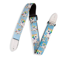 Levy's MPJR-005 Unicorn Strap: a 1.5 kids guitar strap with a printed unicorn pattern and white leather ends, adjustable from 28.5 to 49.