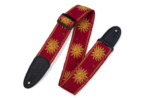 Levy's Red 2 Sun Design Jacquard Weave Guitar Strap with genuine leather ends and adjustable tri-glide.