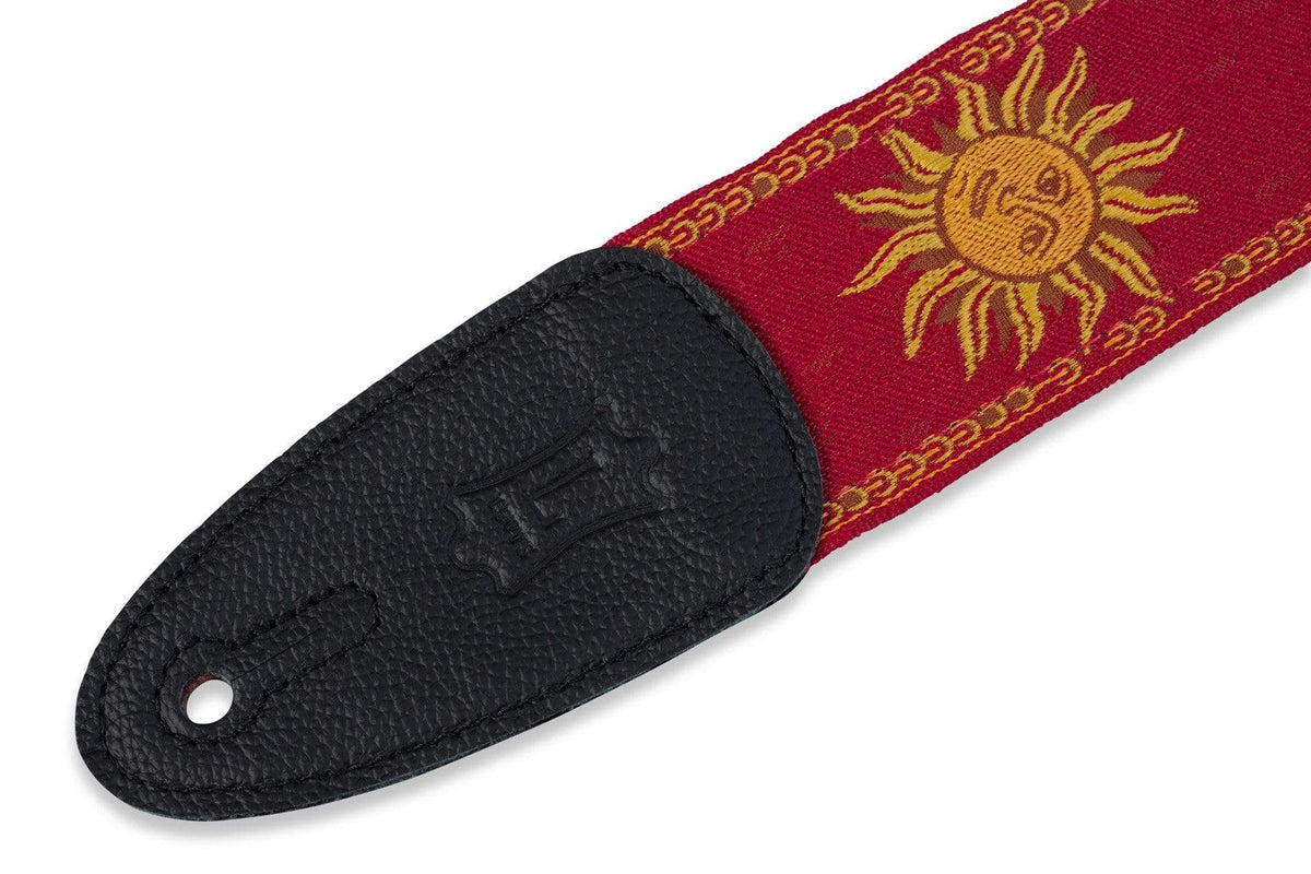Levy's Red 2 Sun Design Jacquard Weave Guitar Strap with leather backing and ends, featuring tri-glide adjustment up to 57 inches.