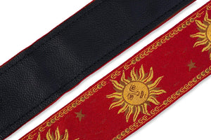 Levy's Red 2 Sun Design Jacquard Weave Guitar Strap with leather backing and ends, adjustable to 57 inches.