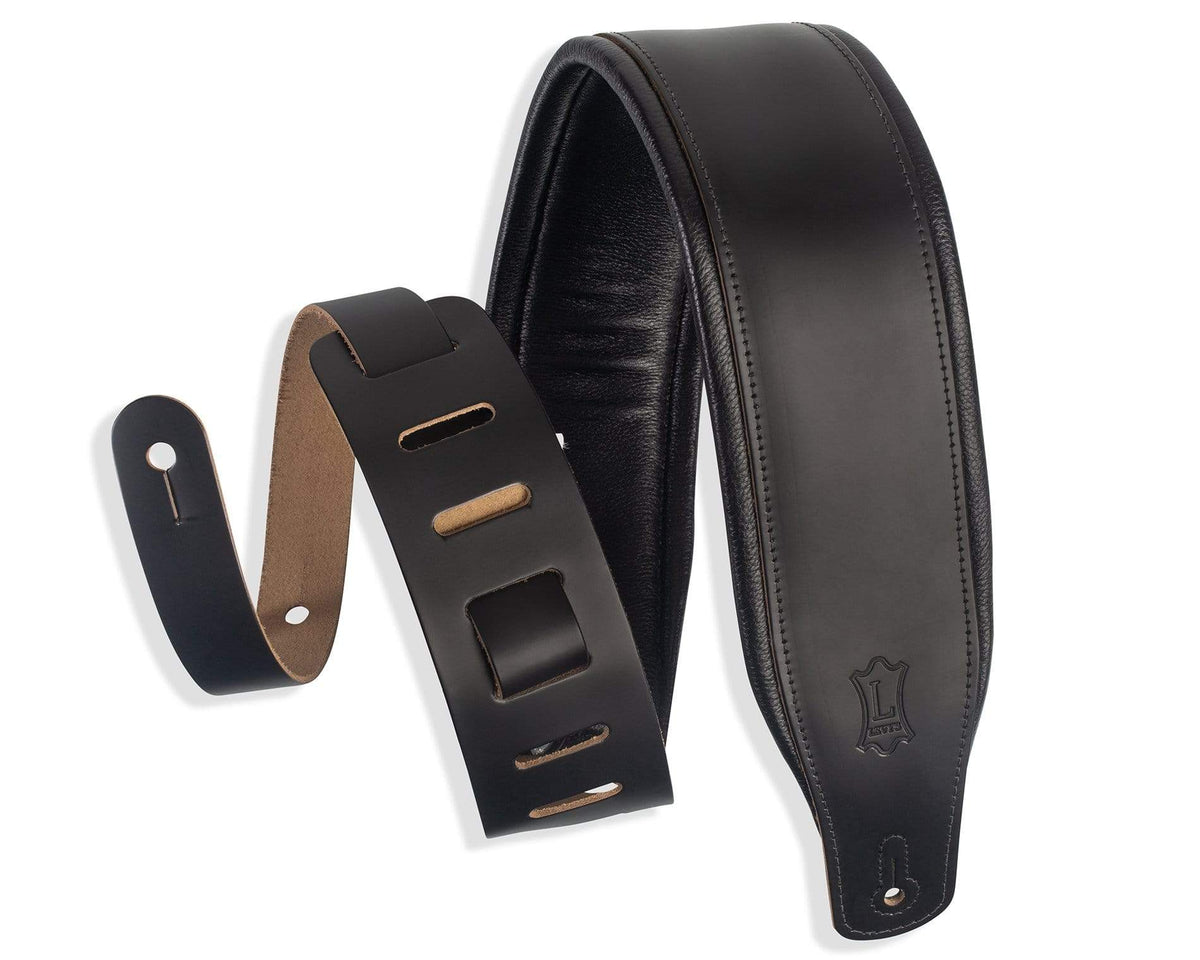 Levy's M26PD-BLK Top Grain Leather Guitar Strap Black with adjustable holes and buckle, ideal for secure and comfortable guitar playing.