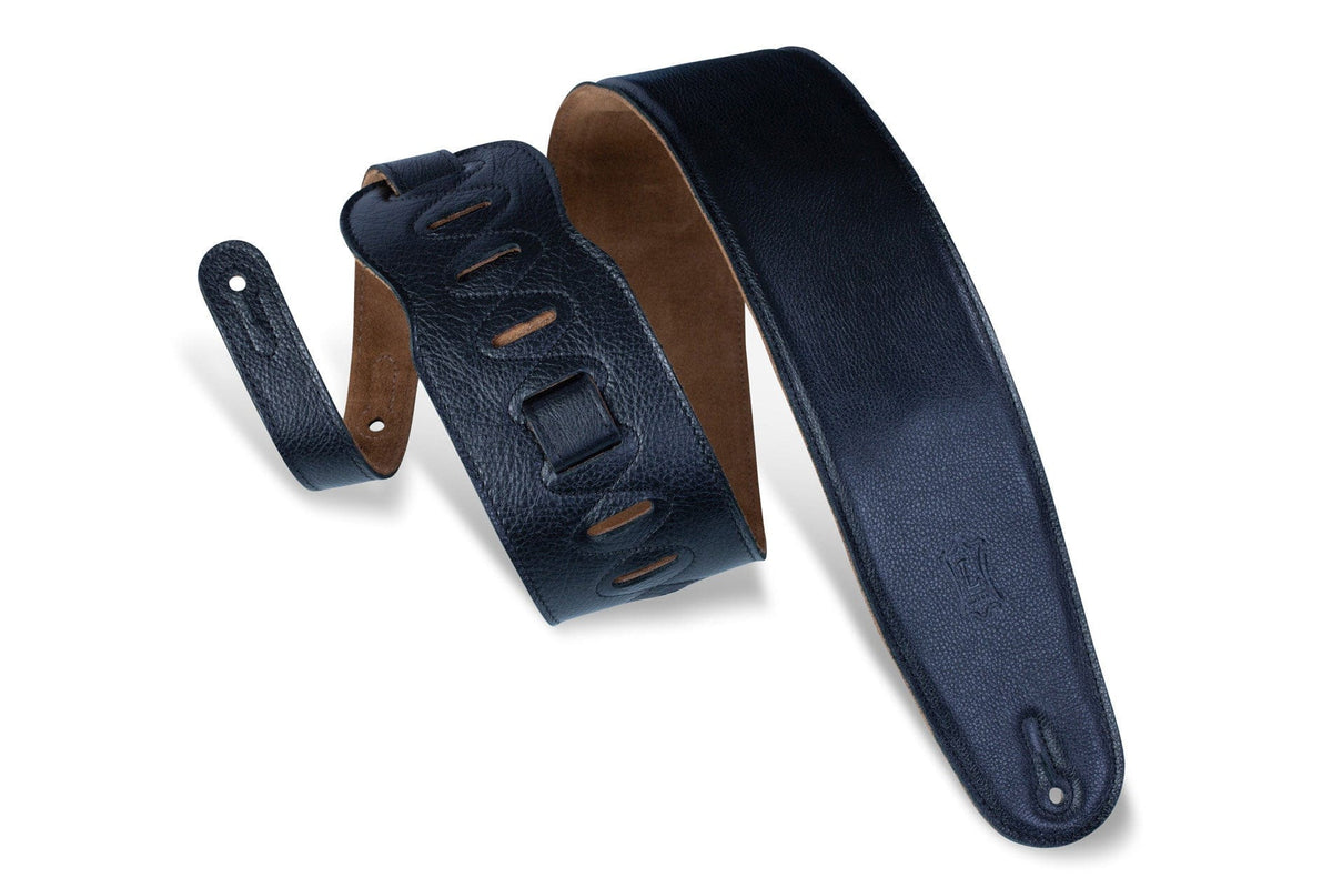 Levy's M4GF 3.5-inch padded black leather bass guitar strap, featuring detailed stitching and a sturdy buckle for secure, comfortable performance.