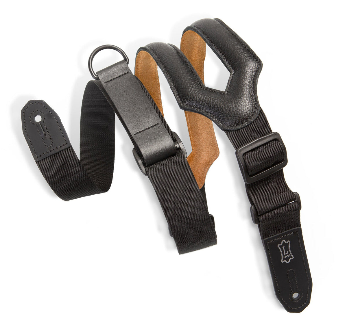 Levy's MRHSS-BLK 3 Wide Right Height Guitar Strap featuring black leather and ergonomic design with RipChord™ Technology for easy adjustment.