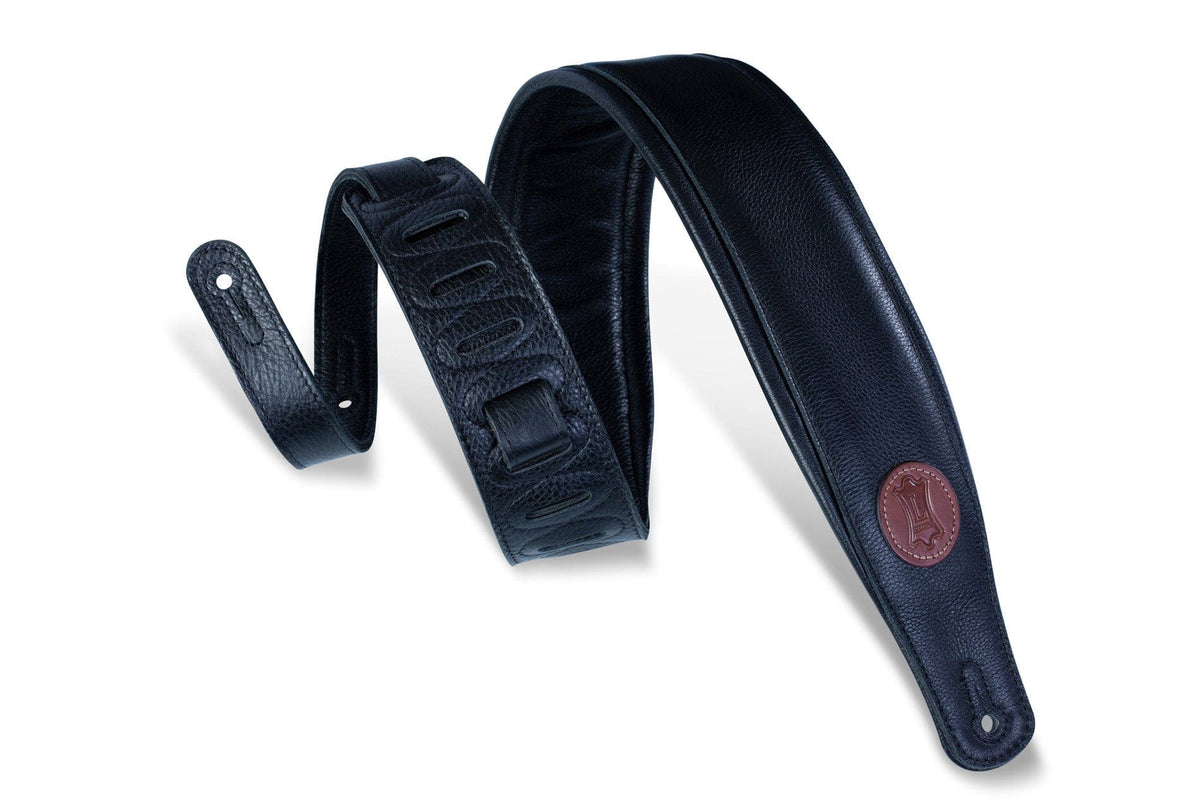 Levy's MSS2 Garment Leather Guitar Strap - Black, featuring a black leather design with a brown patch embossed with the letter L.