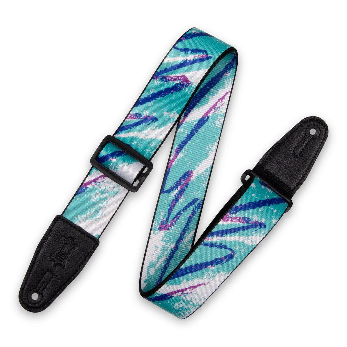 Levy's Polyester Guitar Strap with blue and white 90s Paper Cup pattern and black leather ends.