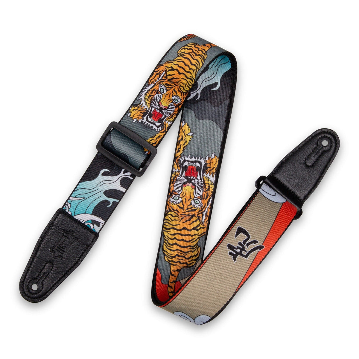 Levy's Polyester Guitar Strap featuring a Japanese traditional tiger and dragon design with a black buckle, detailed close-up fabric pattern.