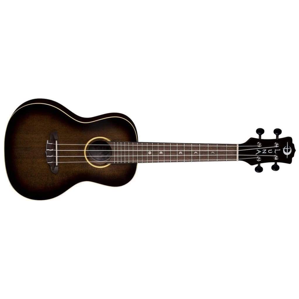 Luna Ukulele Artist Vintage Distressed Concert with gig bag, featuring a spruce top, mahogany body, and cream binding, designed for warm tones and comfort.