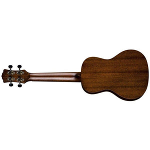 Close-up of Luna Ukulele Artist Vintage Distressed Concert, featuring a spruce wood top and mahogany sides, with cream binding and a branded gig bag included.