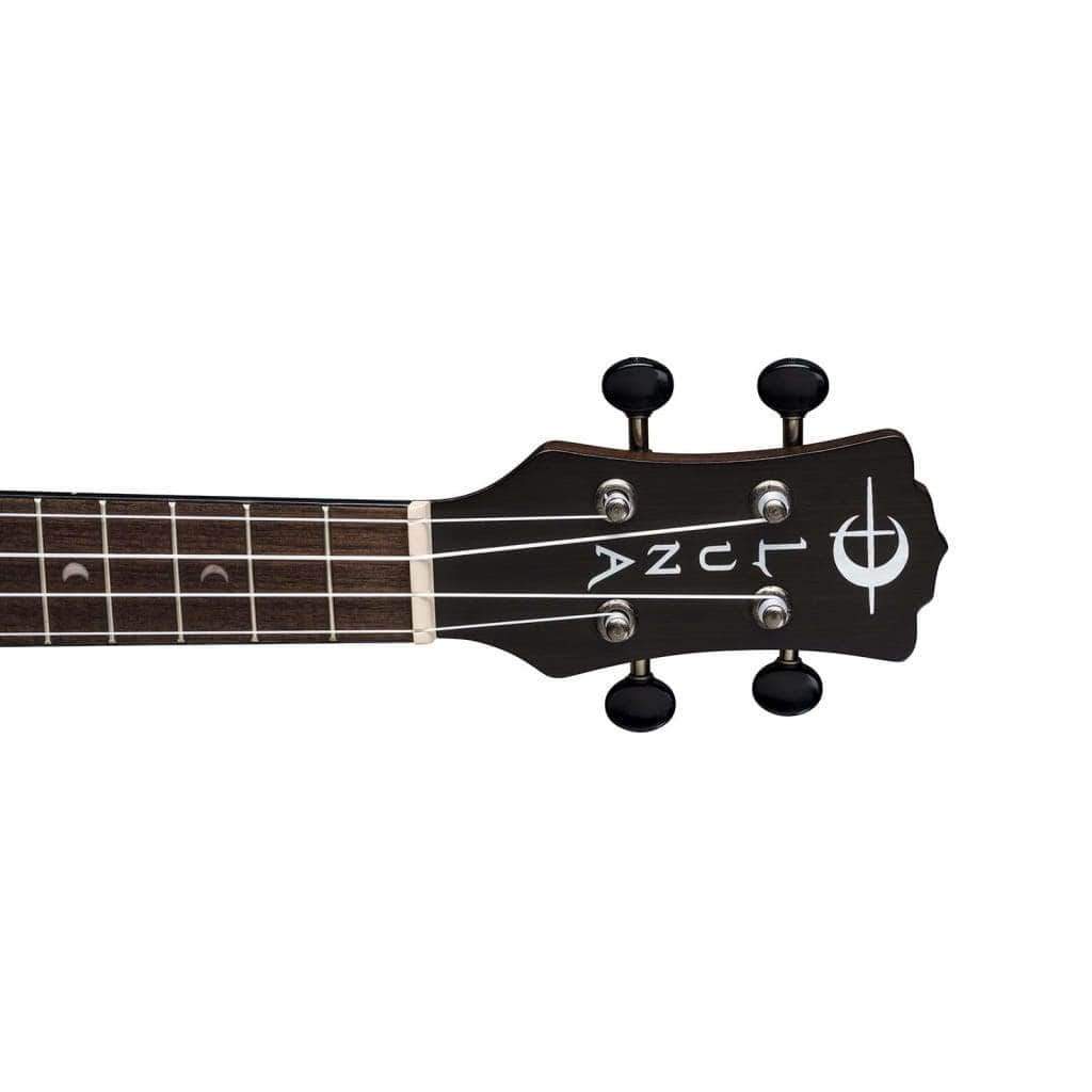Close-up of Luna Ukulele Artist Vintage Distressed Concert with Gig bag, showcasing its spruce top, mahogany body, and single-ply cream binding.