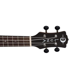Close-up of Luna Ukulele Artist Vintage Distressed Concert with Gig bag, showcasing its spruce top, mahogany body, and single-ply cream binding.