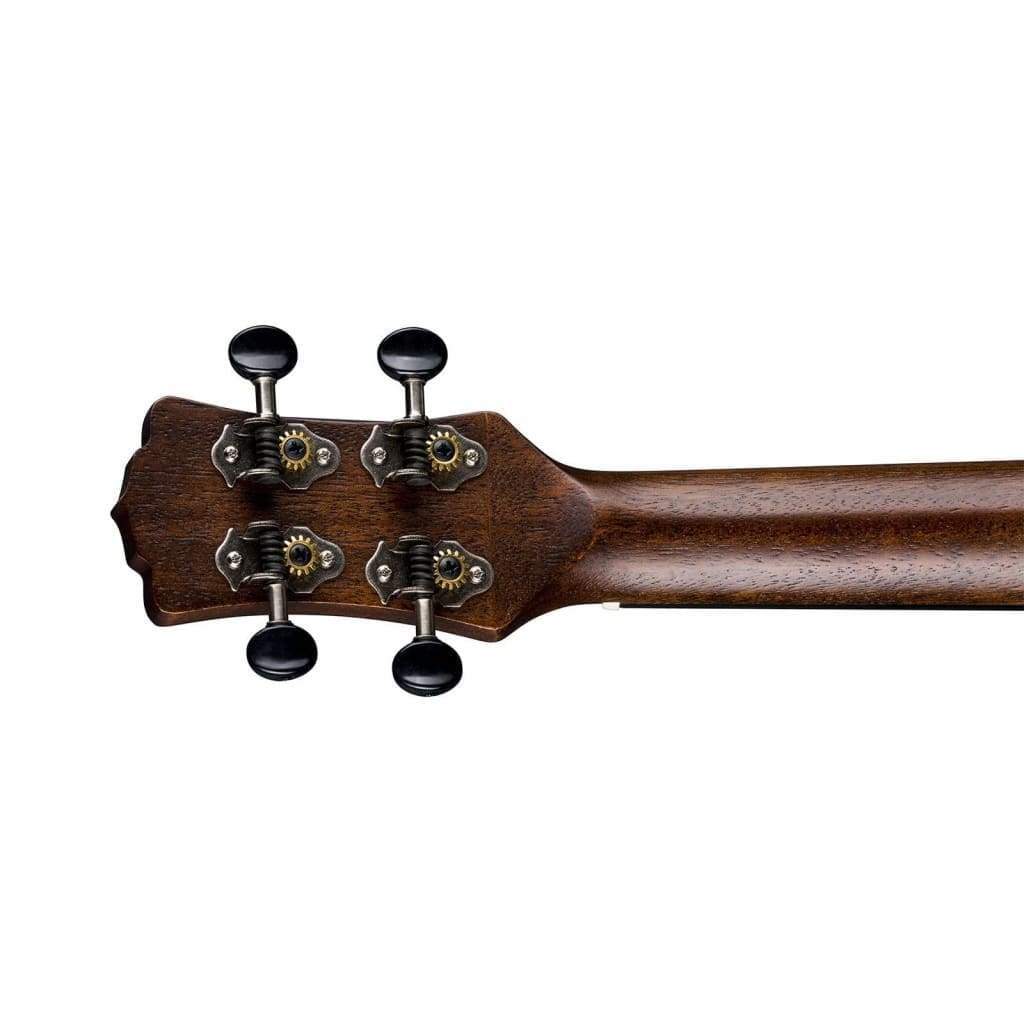 Luna Ukulele Artist Vintage Distressed Concert with Gig bag, showcasing close-up of neck and body, featuring spruce top, mahogany back, and sides.