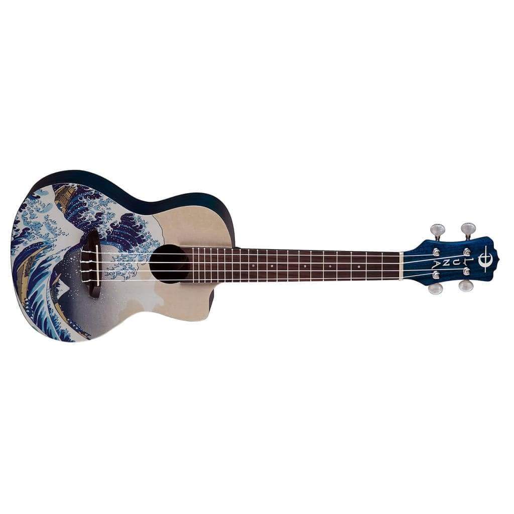 Luna Great Wave Concert Ukulele with Hokusai-inspired wave painting, mahogany body, and Aquila strings for rich tone and exceptional playability.