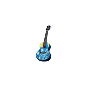 The Luna Ukulele Starry Night Concert with Gig Bag features a "The Starry Night"-inspired design, dark blue edges, and a black fretboard—blending artistry and music in this stunning concert ukulele by Luna.