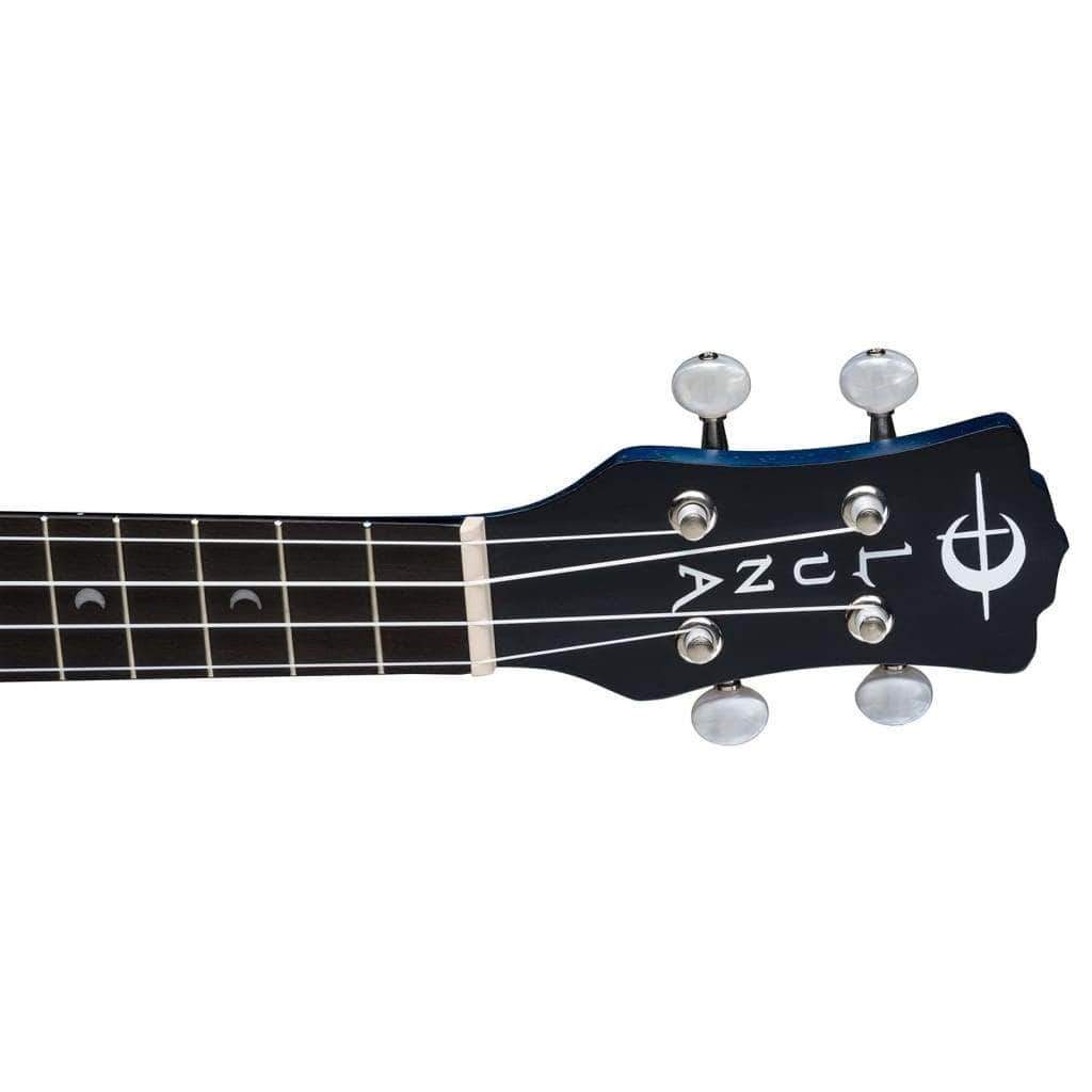 Close-up of the headstock and upper frets of the Luna Ukulele Starry Night Concert with Gig Bag, showing four tuning pegs and a circular Luna logo on the headstock.